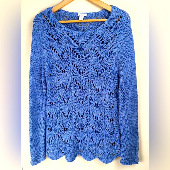 Chico’s Blue Open Knit Sweater Scalloped Hem Women’s Size Medium Beach Resort - Picture 1 of 11